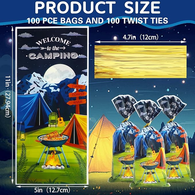 LEOSINDA Camping Cellophane Bags 5x11 Inches, 100Pcs Bulk Clear Treat Bags with 100 Gold Twist Ties, Food-Safe Plastic Gift Bag for Candies, Cookies, Snacks, Christmas, Halloween & Party Favors
