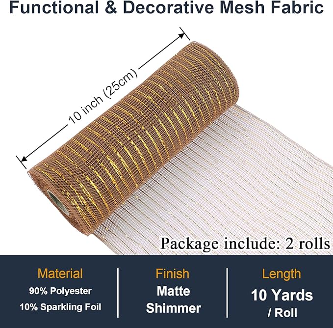 2 Pcs Brown Deco Mesh Ribbon Rolls 10 Inch 10 Yards(30 ft) Decorative Mesh Fabric with Foil for Wreaths Christmas Tree Ribbon Door DIY Craft Halloween Decor Wedding Party Supplies (Brown, 2Pcs)