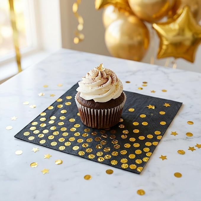 80Pcs Black and Gold Paper Napkins Disposable, Cocktail Napkins for Party Supplies, Gold Polka Dot Dinner Beverage Napkins Bulk, Men Women Birthday Anniversary Decorations