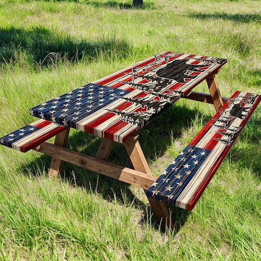 American Flag Camping Picnic Table Cover with Bench Covers, Wooden Camper RV Patriotic USA Flag Rustic Cabin Bear Tablecloth for Family Garden Party Decorations with Drawstring Bag, 30X72in