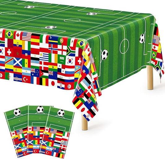 3 Pcs Soccer Tablecloths Plastic, Disposable Soccer Rectangle Table Cover 54 X 108 Inch, 2026 International World Flags Green Tableware Set Birthday Party Decorations for Sports Theme Party Supplies
