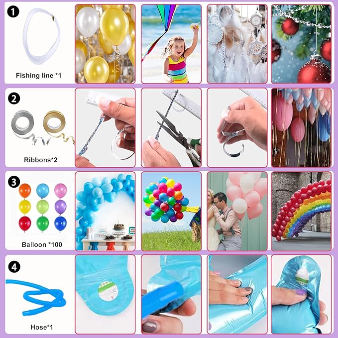 QIPUMP Balloon Pump,Dual Nozzles Electric Balloon Pump with 100 Balloons, Balloon Inflator Air Pump Balloon Blower with Tying Tool, Colored Ribbons for Party Birthday Wedding Festival Decoration
