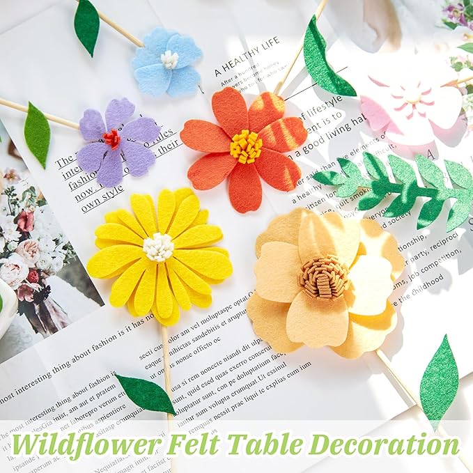 Easy Joy 11PCS Wildflower Party Decorations, Wildflower Centerpieces Wooden Base Pastel Flower Table Decorations for Tables, Birthday Baby Shower Spring Table Decorations for Home Office