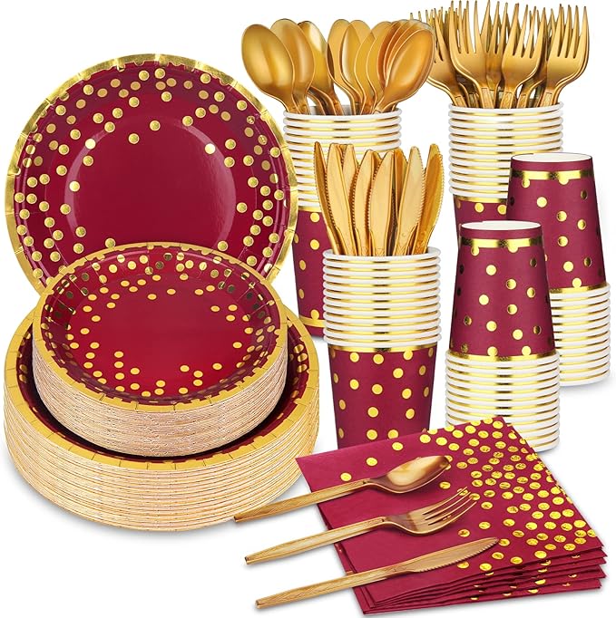 140 Pcs Burgundy & Gold Party Supplies - Gold Dot Disposable Dinnerware - Paper Plates, Napkins, Cups, Plastic Forks, Knives, Spoons for Christmas, Wedding, Graduation Decoration