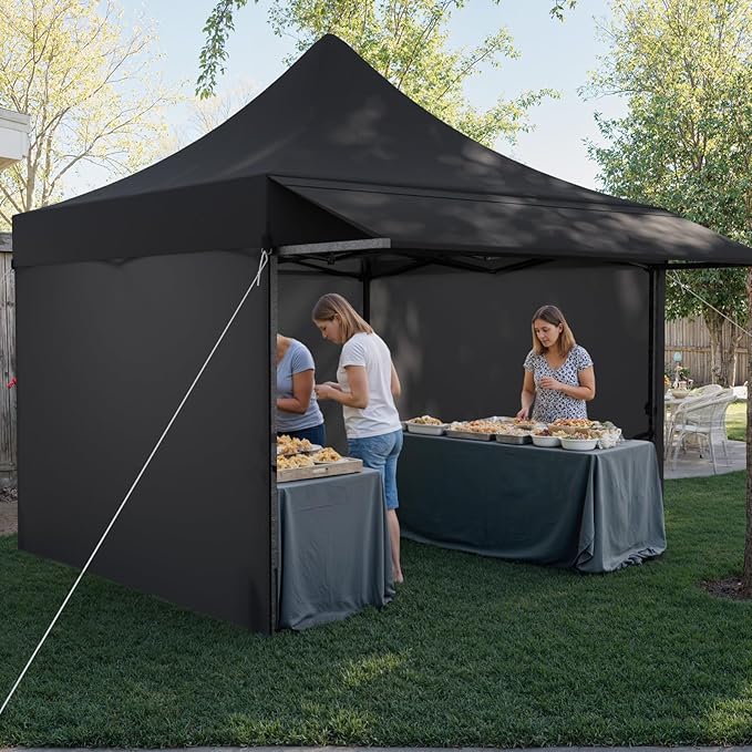 10x10 Pop Up Canopy Tent with Awning and Sidewalls, 550D Commercial Canopy, Waterproof Party Tent with Roller Bag, Black