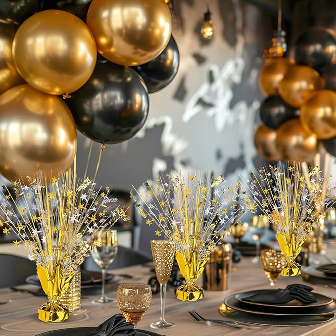 Canlierr 6 Pcs Metallic Foil Spray Centerpiece Party Happy Birthday Gold and Silver Small Star Table Decorations Burst Centerpieces with Emerald Willow Suitable for Birthday Party Season Holiday