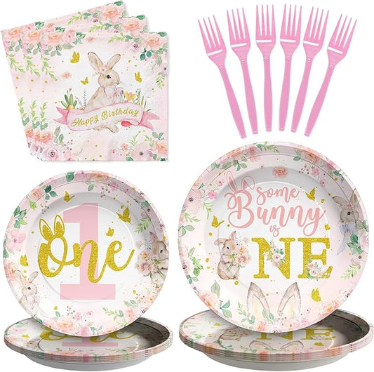 Grencian 96 Pcs Some Bunny is One Decorations Spring Bunny 1st Birthday Party Plates Disposable Pink Flower 1st Birthday Plates Tableware Set for Girls One Year Old Party Supplies Serves 24