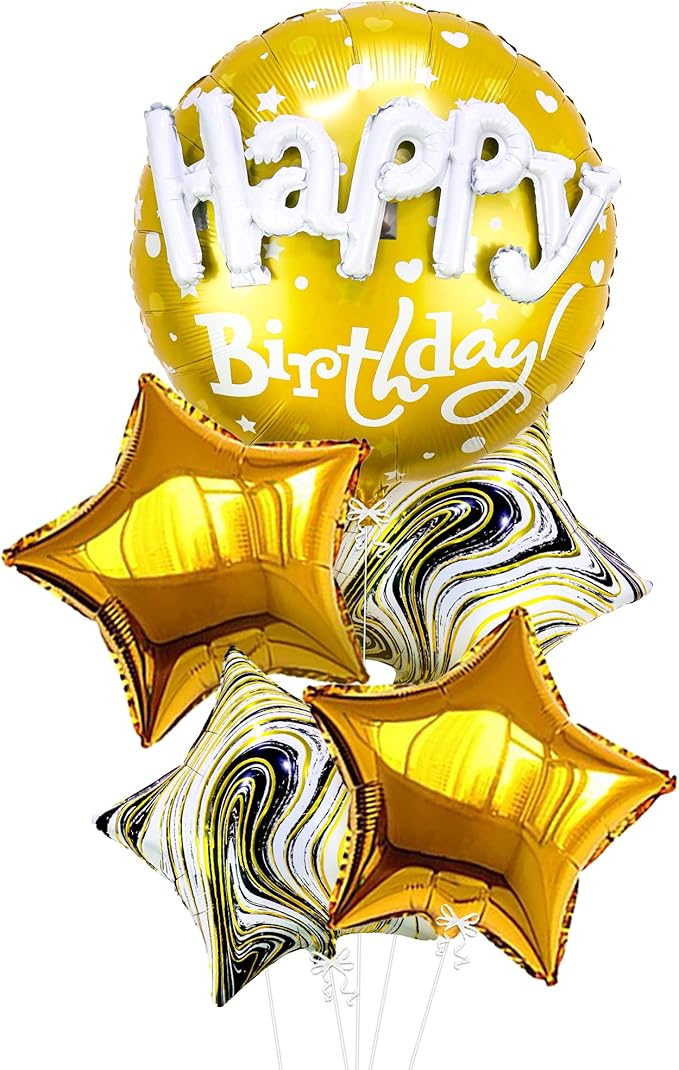KatchOn, Gold Happy Birthday Balloon Set - 23 Inch, Big, Pack of 5 | Happy Birthday Mylar Balloons, Golden Birthday Balloons | Gold Party Decorations, Golden happy Birthday Decorations