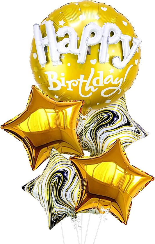 KatchOn, Gold Happy Birthday Balloon Set - 23 Inch, Big, Pack of 5 | Happy Birthday Mylar Balloons, Golden Birthday Balloons | Gold Party Decorations, Golden happy Birthday Decorations