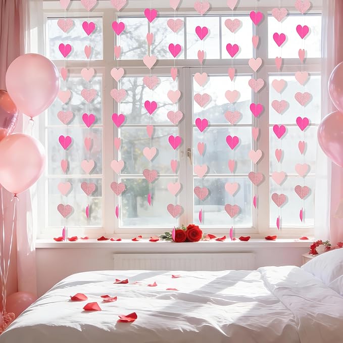 40 Feet Hot Pink Birthday Banner Streamers Heart Valentines Day Garland Paper Banner Hanging Party Supplies, Special Hanging Party Wedding Bachelorette Engagement Baby Shower Decorations