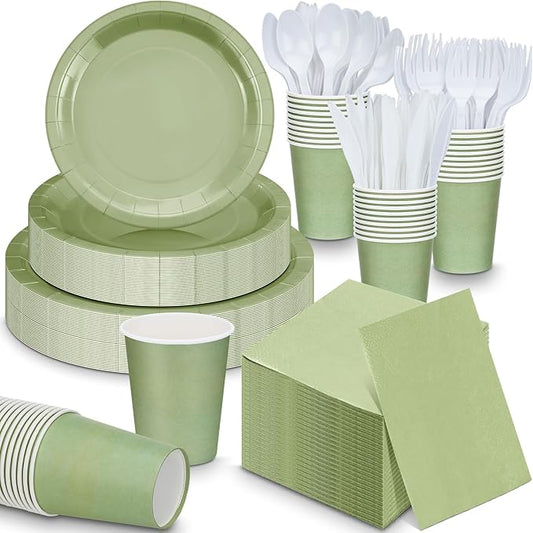 Dandat 400 Pcs Party Supplies for 50 Guests Sage Green Paper Plates and Napkins Disposable Sage Green Baby Shower Decorations for Wedding Birthday