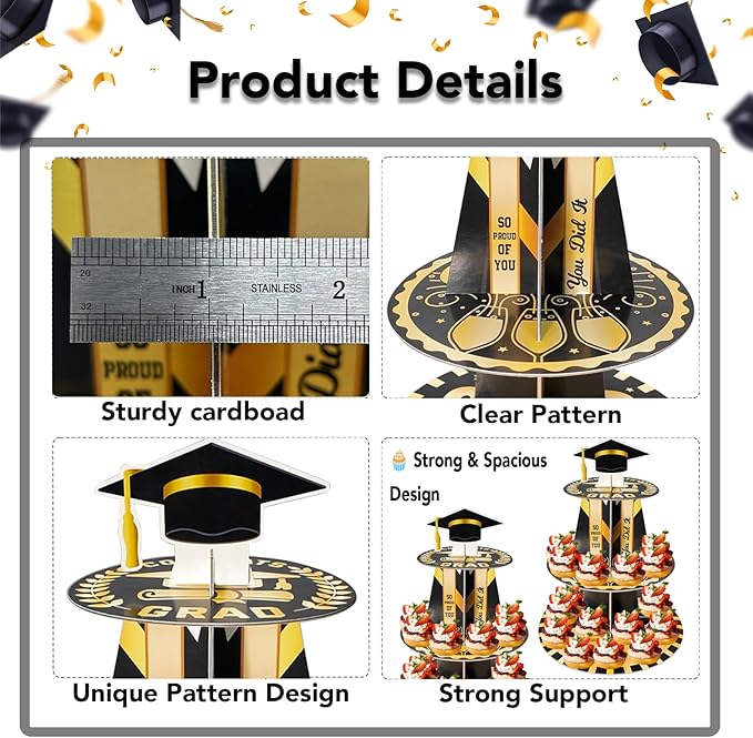 Graduation Cupcake Stand for 25 Cupcakes, Class of 2026 Congrats Dessert Collapsible 3 Tier Holder for Grad Party Black and Gold, Disposable Cardboard Stand Display Tower Graduation Cap Decorations Supplies for College School