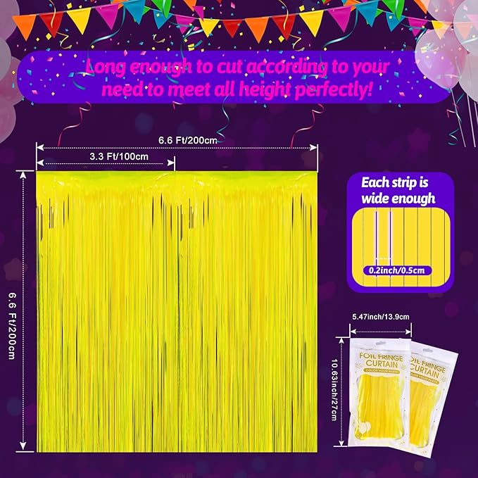 Glow in The Dark Party Supplies 2 Pack Neon Party Decorations Fluorescent Tinsel Foil Fringe Curtains Photo Booth Prop Backdrop Streamer Blacklight Decorations (Neon Yellow)