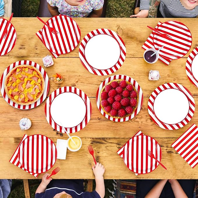 96Pcs Red and White Striped Party Supplies Red and White Striped Paper Plates and Napkins Circus Theme Tableware Set for Summer Pizza BBQ Picnic Baby Shower Birthday Carnival Party Decorations Serve24