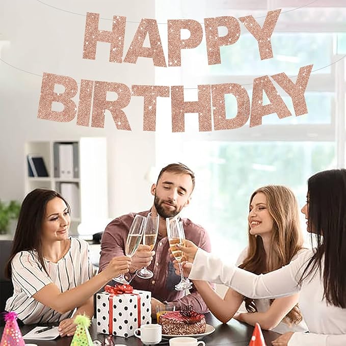BEISHIDA Happy Birthday Banner - Pre-Strung No DIY Birthday Decorations - Happy Birthday Sign - Birthday Banner for Women, Kids - Backdrop Rose Gold