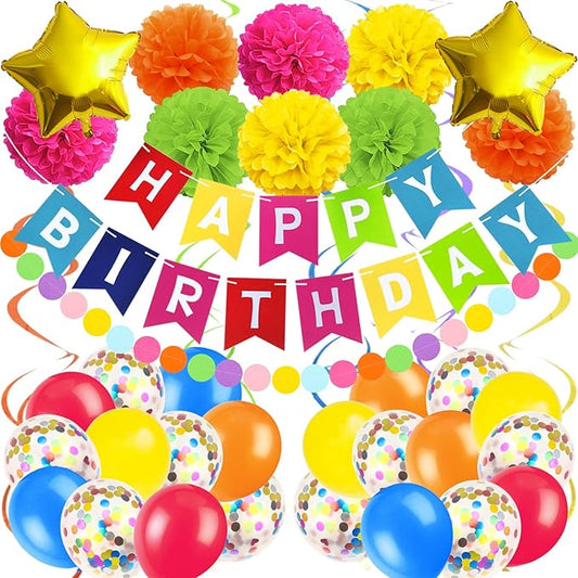 Multicolor Birthday Decorations - Happy Birthday Banner, Paper Pompoms, Confetti, Balloons, Hanging Garland, Swirl Streamers for Boys and Girls Party Decor