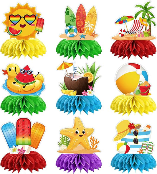 9Pcs Summer Party Decorations Honeycomb Centerpieces, Hello Summer 3D Table Toppers for Tropical Beach Pool Birthday, Luau Table Decorations Set For Beach Party Favors Supplies