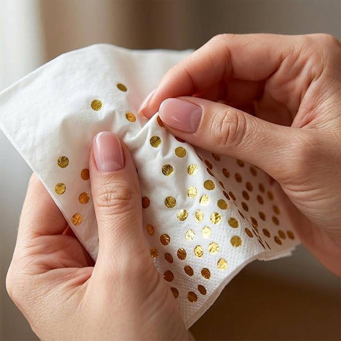 80 Pcs White Paper Napkins with Gold Foil Polka Dots, Disposable Cocktail Napkins for Party, Baby Shower, Wedding & Birthday, Bulk Beverage and Dinner Napkins