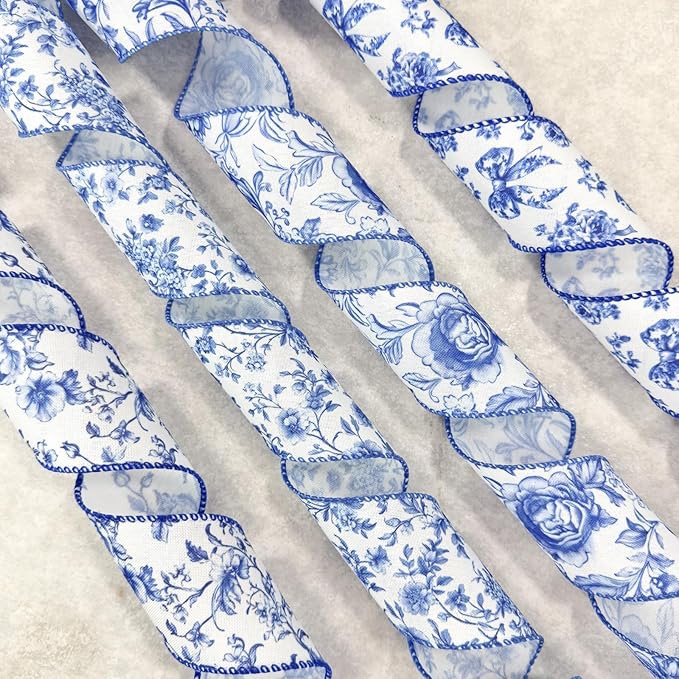 Blue Floral Wired Ribbon, Vintage Chinoiserie Fabric Craft Ribbon for Gift Wrapping, Wedding Decor, DIY Crafts, 4 Rolls, 2.5 Inch x 20 Yards (Blue)