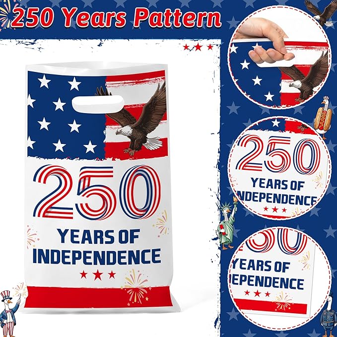 Andi Cppss 250 Years Party Favor Bags - 50PCS 250 Years Patriotic Theme Plastic Gift Bags with Handles 4th of July Goodie Treat Snack Candy Bag for Independence Memorial Day Party Supplies Decorations