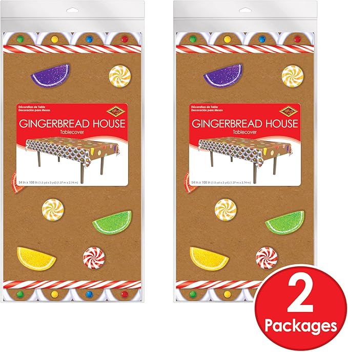 Beistle Gingerbread House Tablecovers, 54” x 108”, 2 Pieces – Plastic Table Cloth, Rectangular Tablecloth, Table Covers for Party, Gingerbread Party Supplies, Christmas Decorations