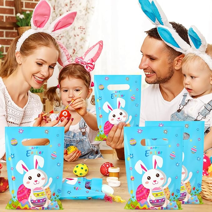Hxezoc 50 Pieces Happy Easter Gift Bags with Handles Plastic Cute Bunny Goodie Bags Practical Gift Bags Spring Party Favors for Easter Day Egg Hunt Party Birthday Party Decoration Supplies