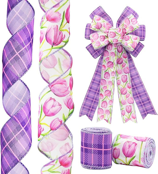 2 Rolls Purple Tulip Wired Ribbon - 2.5 Inch Wide, 10 Yards Total, Elegant Tulip Floral for Wedding Decor, DIY Crafts, Gift Wrapping - Spring-Themed Purple Wired Edge Ribbon