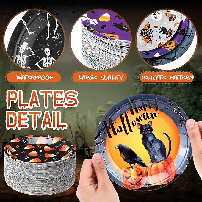 Umigy 120 Pieces Halloween Paper Plates 7 Inch Spider Web and Ghost Disposable Dessert Plates Haunt Pumpkin Disposable Tableware Dinnerware for Halloween Spooky Themed Party Birthday Party Decorations