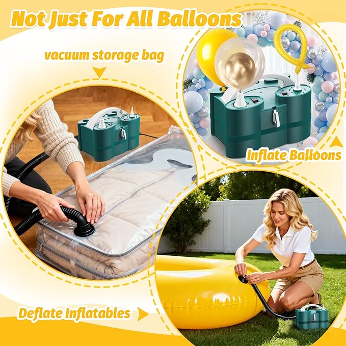 Balloon Pump, 3-in-1 Electric Balloon Pumps, Balloons Blower with Triple Inflating Ports for Latex 260q Foil Balloons Inflation, Inflator Deflator for Pool Floats Air Beds.