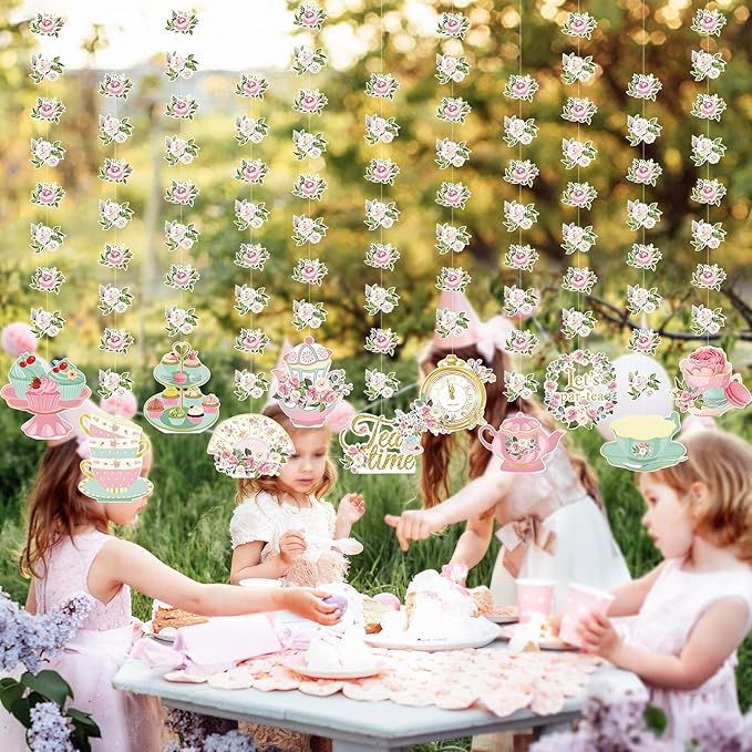 Fullhawl 12 Pack 32'' Tea Party Decorations Floral Double Sided Hanging Garland Floral Tea Party Banner Hanging Decorations for Bridal Shower Princess Birthday Wedding Favors