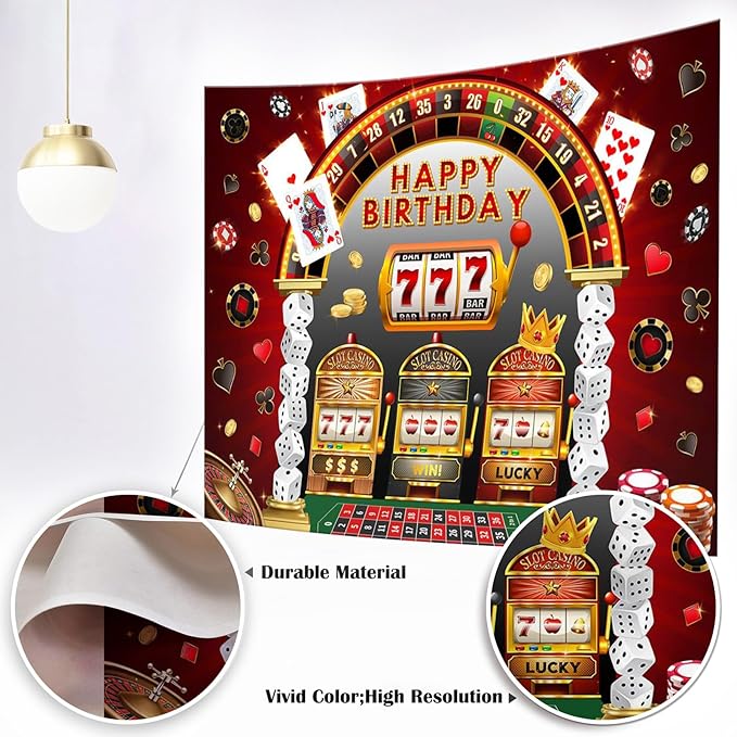 Mocsicka Casino Birthday Backdrop Las Vegas Theme Casino Night Happy Birthday Party Banner Decorations Dice Poker Birthday Photography Background Photo Booth Prop (Black/Red, 8x6ft(96''x72''))