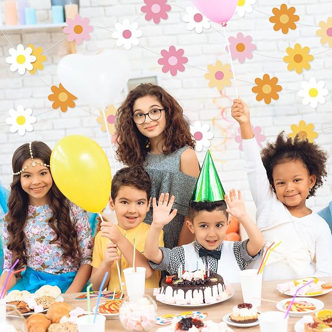 Pasimy 8 Pcs Daisy Boho Party Decorations Groovy Daisy Paper Garlands White Flower Hanging Garland Banner Hippie Flower Cutouts for Birthday Shower Wedding Party Favor Supplies(Groovy,Multicolor)