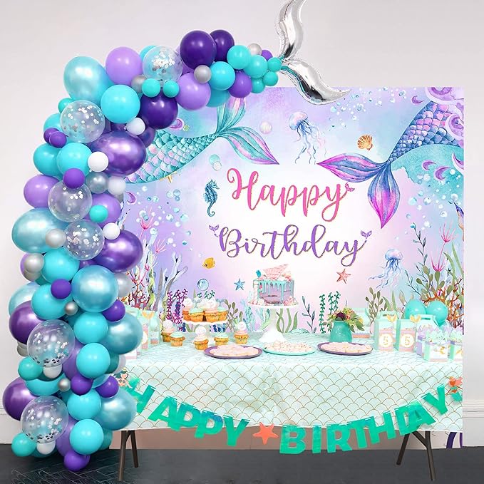 Mocsicka Mermaid Birthday Backdrop and Tablecloth Bundle Party Decorations