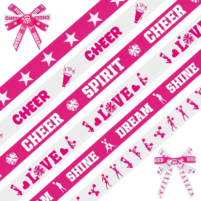 6 Rolls Cheer Ribbon Set, 3/8 Inch x 5 Yard Sports Cheerleading Ribbons, Pink and White Grosgrain Ribbons for Gift Wrapping, Crafting Sewing, Hair Bow Cheerleader Accessories