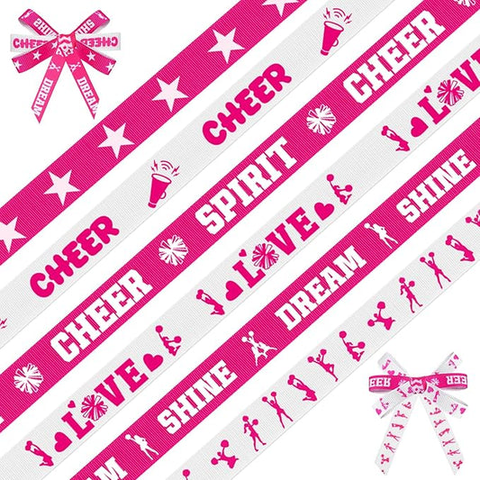 6 Rolls Cheer Ribbon Set, 3/8 Inch x 5 Yard Sports Cheerleading Ribbons, Pink and White Grosgrain Ribbons for Gift Wrapping, Crafting Sewing, Hair Bow Cheerleader Accessories