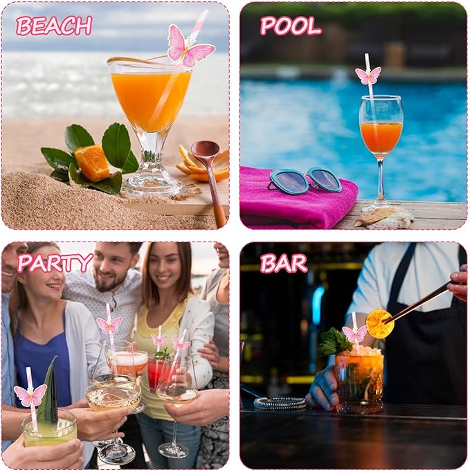 20 Pcs Butterfly Stripe Paper Straws, Pink Stripe Paper Party Straws Butterfly Floral Decor Cute Disposable Drinking Straws Set for Valentine's Day Birthday New Year Party Supplies Wedding