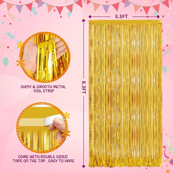 Gold Metallic Tinsel Foil Fringe Curtains Backdrop 2Pack 3.3x8.3Ft Gold Party Streamers for Birthday Party Decorations Halloween Christmas Decors Foil Curtain Backdrop for Bachelorette Wedding