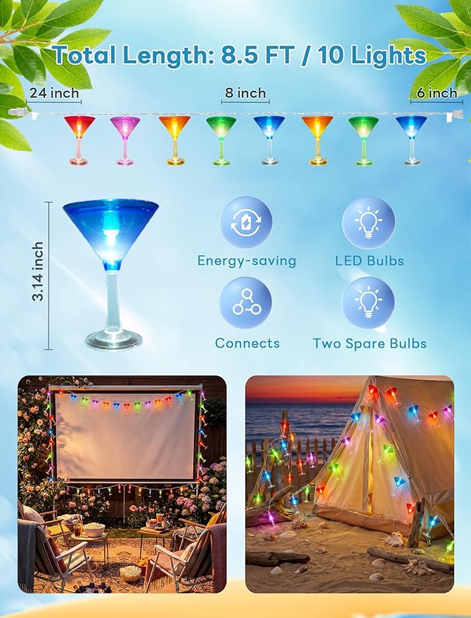 Cocktail Glass String Lights, 8.5FT 10 LED Summer String Lights with UL Certified Plug, Waterproof Tropical Party Decorations for Patio, Connectable Hawaiian Lights for Garden Backyard Bar Decor