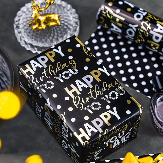 MAYPLUSS Reversible Black Birthday Wrapping Paper Roll - 17 Inch X 33 Feet - Glitter Happy Birthday Lettering Metallic Foil Paper Boy Gift Wrap w/Polka Dot for Party Father's Day Halloween's Day