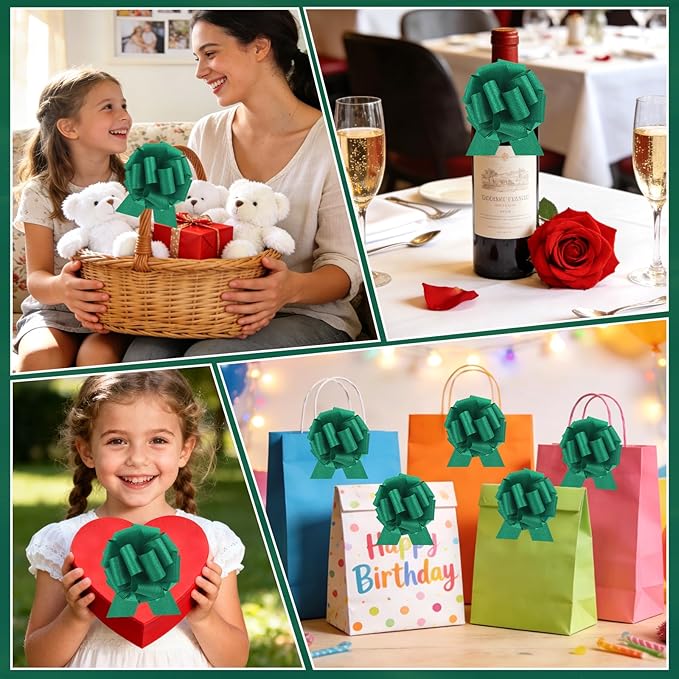 20 pcs Green Pull Bow for Gift Basket Wrapping Xmas Gift Bows Presents Adhesive Wrap Ribbon Bow for Christmas Tree Ornament Wine Bottles Bouquet Flower Valentine's Day Party Decor (Green-L)