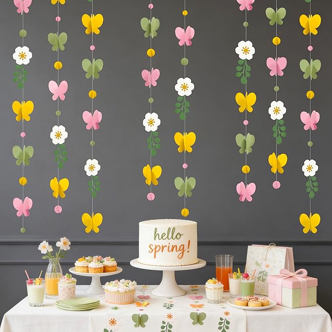 Spring Decorations Flowers 3D Butterflies Dots Garland Green Pink Yellow Hanging Paper Streamer for Spring Birthday Baby Shower Mother's Day Wedding Bridal Shower Tea Party Decorations Supplies
