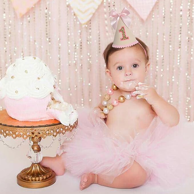 Pink Bow 1st Birthday Hat For Girl -Pink Girls First Birthday Decorations,Princess Theme Photo Prop,Size: 5.5×3.1 In
