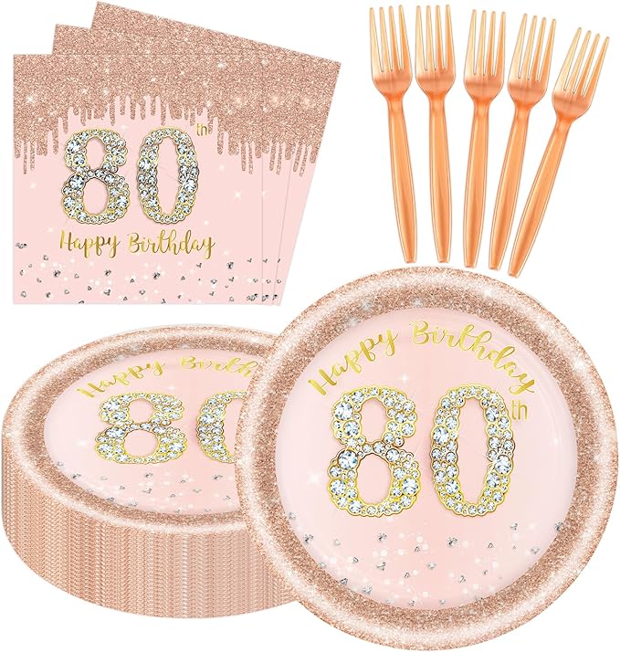 60 PCS 80th Birthday Decorations for Women, 80th Birthday Plates and Napkins Rose Gold Disposable Tableware Set Party Supplies for Women Cheers to 80 Years Anniversary (80TH)