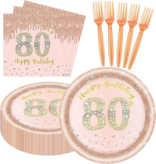 60 PCS 80th Birthday Decorations for Women, 80th Birthday Plates and Napkins Rose Gold Disposable Tableware Set Party Supplies for Women Cheers to 80 Years Anniversary (80TH)