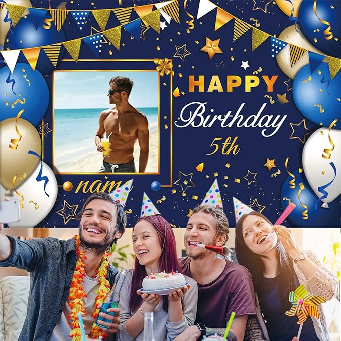 Custom Navy Blue and Gold Happy Birthday Sign Birthday Party Decorations Supplies Personalized Navy Blue Backdrop Banner (4x6ft)