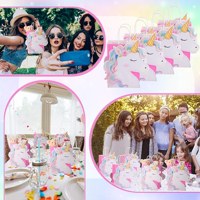 Kolldenn 24 Pack Unicorn Party Favor Bags Goody Bags with 48 Pcs Cardstocks and Handles for Unicorn Birthday Party Gift Goody Treat Candy for Unisex Favors