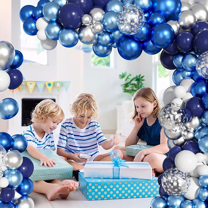 Ouddy Life 156Pcs Blue Silver Balloons Garland Arch Kit, Navy Royal Metallic Light Blue Silver White Confetti Balloon for Birthday Wedding Baby Shower Birdal Graduation Retirement Party Decorations