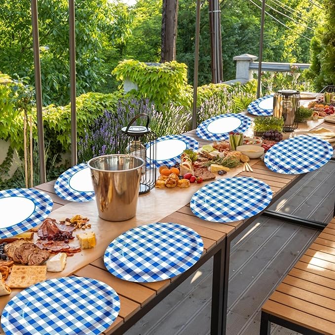 Blue Gingham Oval Paper Plates 10" x 12",Large Disposable Heavy Duty Paper Plates Blue and White Buffalo Checked Plaid for Birthday Wedding Bridal Baby Shower Tea Party Supplies,50 Guests
