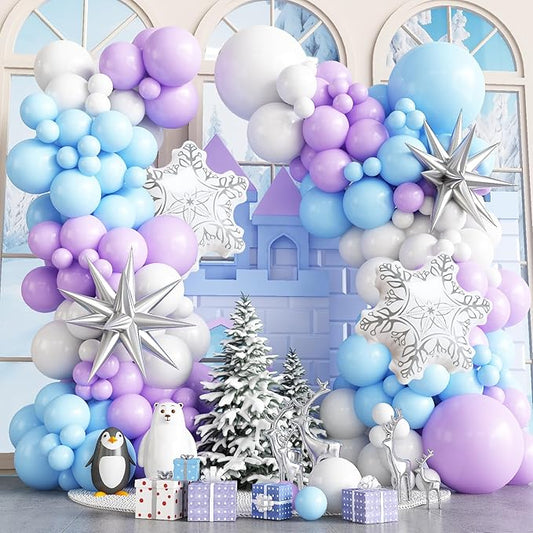 Winter Wonderland Balloon Arch Garland Kit, Baby Blue Purple Balloons with Spike Star Snowflake Foil Balloons for Ice Wonderland Christmas Baby Shower Snow Princess Birthday Party Decorations Supplies