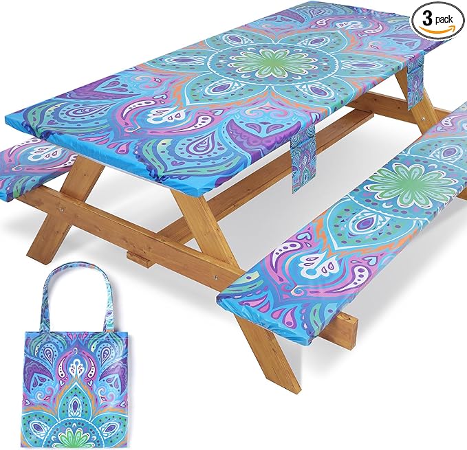 Picnic Table Cover with Bench Covers Fitted Waterproof Camping Tablecloth with Elastic for 6 Foot Rectangle Tables Outdoor Travel Rv Essentials Summer Vacation Accessories Gifts for Men Women
